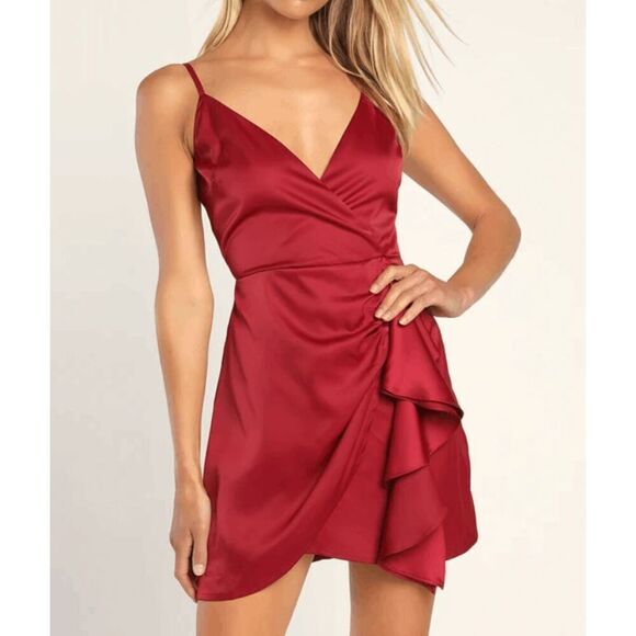 Lulus Sleek as Can Be Burgundy Satin Surplice Tulip Mini Dress Size Small - Picture 1 of 14
